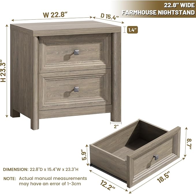 Grey Nightstand Rustic Wood Night Stand for Bedroom Living Room Sofa Couch, Farmhouse Nightstand with 2 Drawers, 22.8” Wide Large Bed Side Table, Bedside End Table with Metal Knob, Gray Color