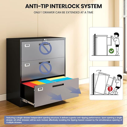 Metal 3 Drawer Lateral File Cabinet with Lock, Wide&Deep Filing Cabinet for Letter/Legal/F4/A4 Hanging Files, Includes Business Card Holder, Home Office School Storage