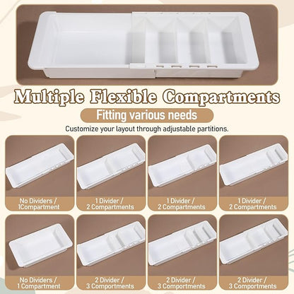 2Pcs Expandable Sliding Drawer Tray with Adjustable Dividers, White Plastic Deep Desk Drawer Dividers Organizers Expandable 11.4 to 18.1 Inches For Utensils Office Bathroom Bedroom Kitchen