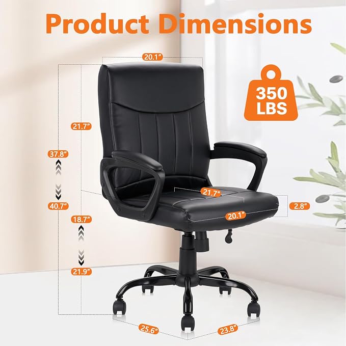 CLATINA Leather Office Executive Chair with Lumbar Support and Padded Armrestes, Swivel Rolling Ergonomic Mid Back Computer Task Desk Chair for Home, Conference, Waiting Room, Black