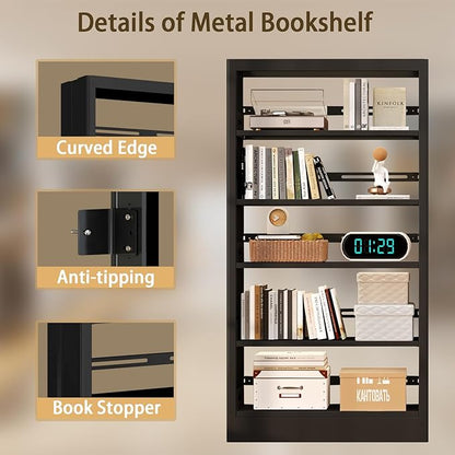 71"H Metal Bookshelf, 5 Tier Bookcase with Adjustable Shelves, Tall Bookcase,Heavy Duty Storage Bookshelves for Library, Office, Bedroom, Living Room, Classroom, Including Book Stopper (Black) | Bookcase
