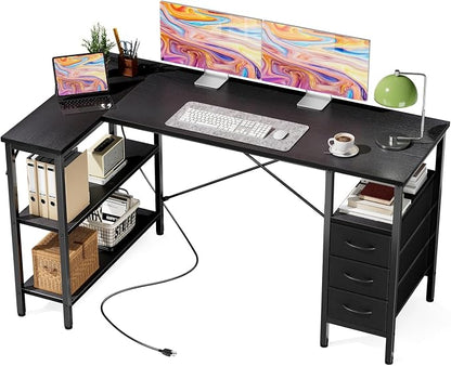DUMOS L Shaped Desk with Shelf Drawers 55 Inch, Black Corner Computer Desks Gaming with Power Outlet, Study Table with Adjustable Shelves, Home Office Tables for Bedroom Teacher Reading Writing