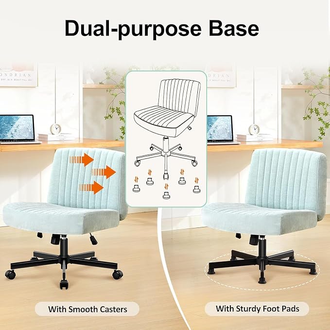 Criss Cross Chair with Wheels,Thick Padded Fabric Cross Legged Office Desk Chair with Pocket Springs Cushion,Dual-Purpose Base,Wide Adjustable Computer Home Office Vanity Chair,Mint Green