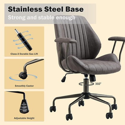 Home Office Chair,Ergonomic Computer Chair with Lumbar Support Adjustable Height,Mid-Century Modern Office Chair with Rolling Swivel Chair for Home Office Game Study(Suede Mid Back Chair,Gray)
