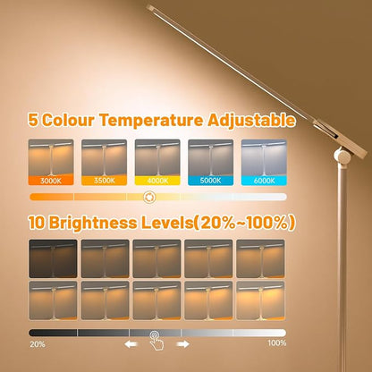 LED Desk Lamp with USB Charging Port, 5 Color Modes 10 Brightness, Dual Swing Arm Dimmable Desk Lamps for Home Office Nail Dorm (White)