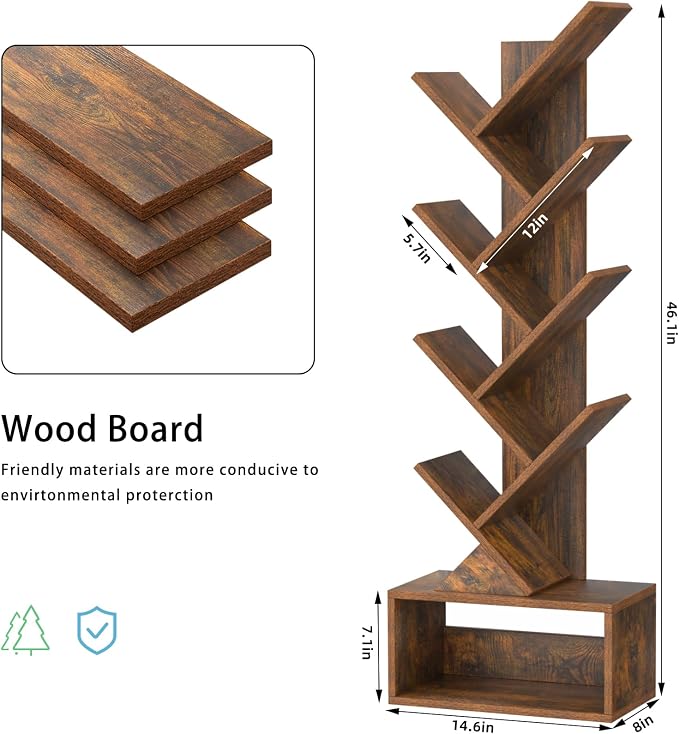 SHEEPAM 9 Tier Tree Bookshelf,Christmas Green Bookcase for Narrow Space, Storage Organizer Floor Standing Bookshelves for Books, Tall Book Case for Home Office, Living Room, Bedroom