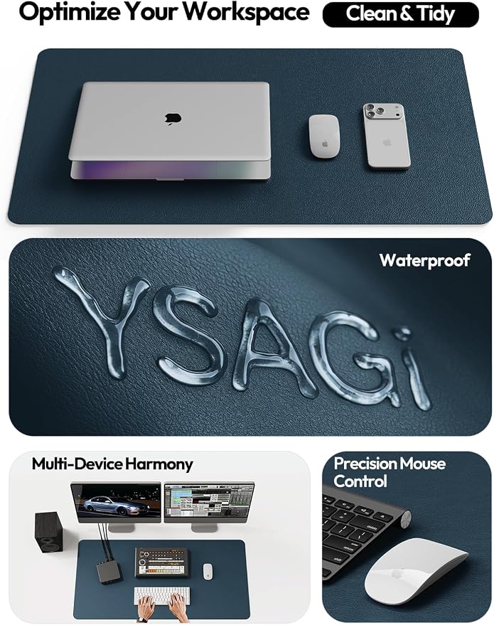YSAGi Leather Desk Protector, Office Mat, Large Mouse Mat, Non-Slip PU Leather Blotter, Laptop Desk Mat, Waterproof Writing Pad for Office and Home(Dark Blue, 63" x 24")
