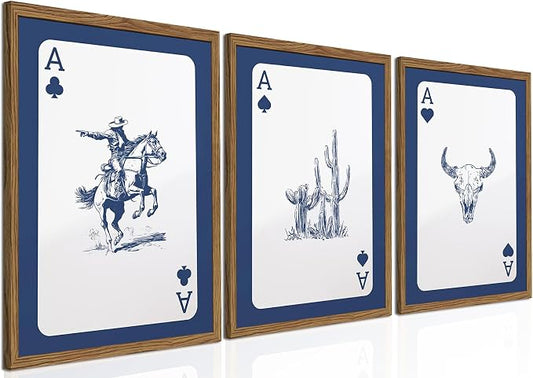 Western Wall Art Set of 3, Blue Cowboy Wall Decor Trendy Southwestern Playing Card Longhorn Bull Skull Poster Canvas Aesthetics Prints for Bedroom Living Room 16x24 inch Wood Framed