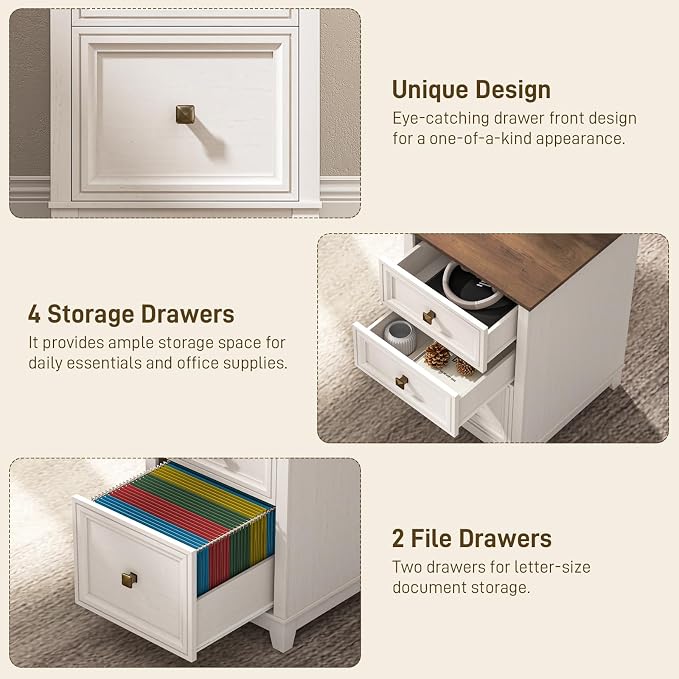 Vabches Farmhouse L Shaped Executive Desk with 6 Drawers, 59’’ Wood Home Office Desk with File Cabinet, Writing Corner Computer Desk for Home Office, Work, Study, White and Brown