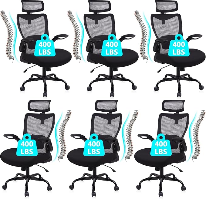 CLATINA Heavy Duty Ergonomic Mesh Office Chair 400LBS, Big and Tall Desk Chair with Adjustable Lumbar Support & Headrest, Flip Up Padded Arms, Swivel Computer Chair for Home, Conference, Black, 6 PACK