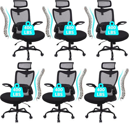 CLATINA Heavy Duty Ergonomic Mesh Office Chair 400LBS, Big and Tall Desk Chair with Adjustable Lumbar Support & Headrest, Flip Up Padded Arms, Swivel Computer Chair for Home, Conference, Black, 6 PACK