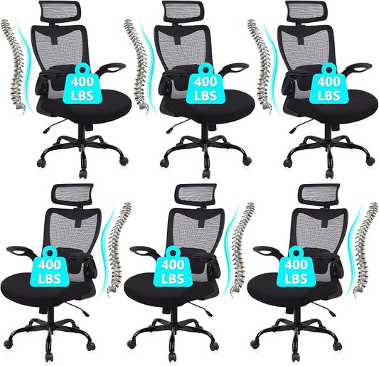CLATINA Heavy Duty Ergonomic Mesh Office Chair 400LBS, Big and Tall Desk Chair with Adjustable Lumbar Support & Headrest, Flip Up Padded Arms, Swivel Computer Chair for Home, Conference, Black, 6 PACK