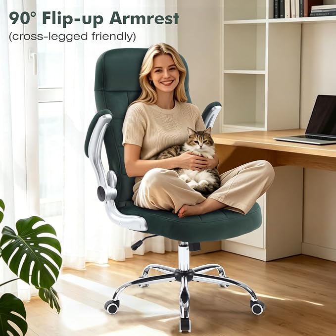 High Back Fabric Comfy Office Chair, Velvet Executive Desk Chair with Flip-Up Arms, Ergonomic Office Chairs with Lumbar Support, Upholstered Home Computer Swivel Chair with Wheels(Green)