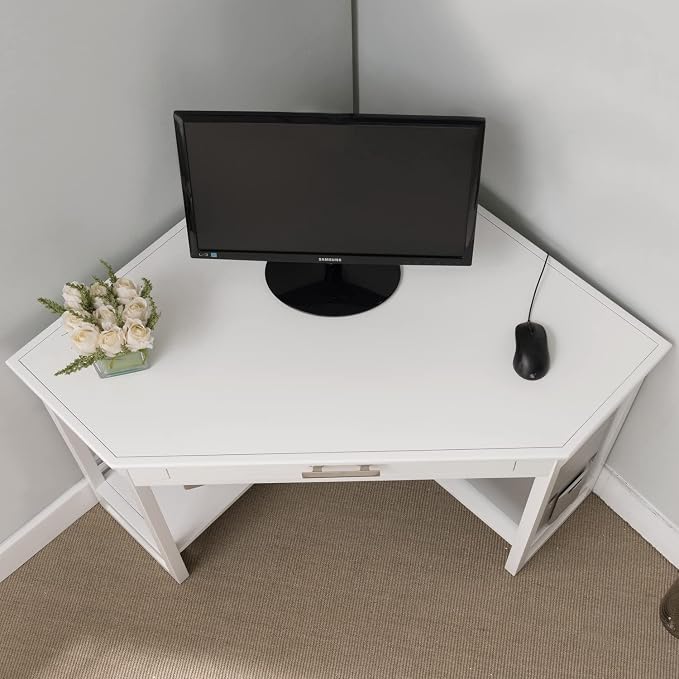 Leick Home Sage Corner Office Desk, Solid Wood, with Drop Front Keyboard Drawer, White, 85430