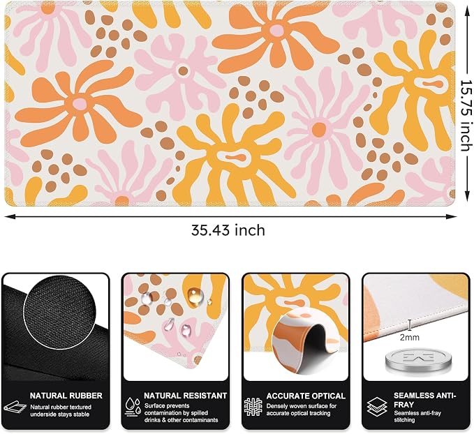 iCasso Desk Matt for Desktop, Cute Desk Pad Mat, XXL Large Mouse Pad, Anti-Slip Big Mousepad with Stitched Edges, Keyboard Pad Mouse Mat for Computer, Work, Gaming (Yellow Flower)