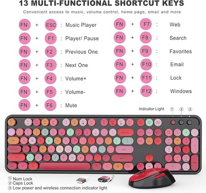 Wireless Keyboard and Mouse Combo, Ergonomic Full Size Typewriter Retro Round Keycaps Keyboard, Compatible with Windows, PC, Perfer for Home and Office Keyboards (Red