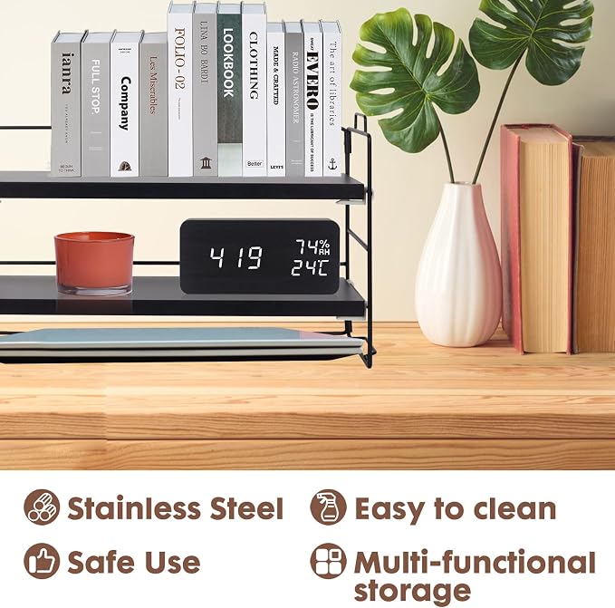 PowerKing Desk Shelf Organizer, 2-Tier Desktop Shelves with Wood Board, Adjustable Bookshelf Storage Rack for Home Office School Study Room (Black Frame + Black Wood)