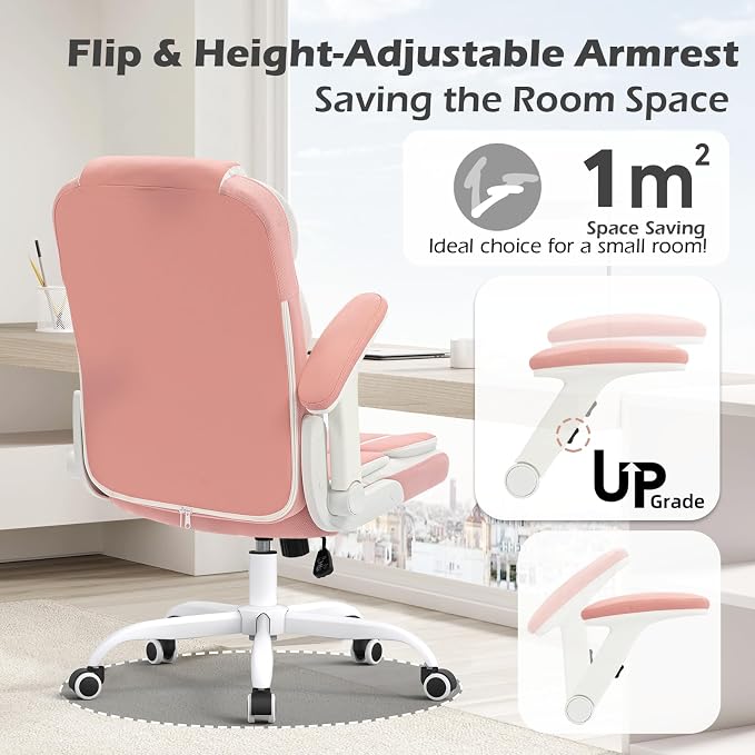 Pink Office Chair Ergonomic Desk Chair with Lumbar Support, Flip-Up Arms, Adjustable Swivel Computer Chair with Wheels, Comfortable PU Leather Cute Office Chair for Home Office Small Space