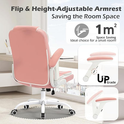 Pink Office Chair Ergonomic Desk Chair with Lumbar Support, Flip-Up Arms, Adjustable Swivel Computer Chair with Wheels, Comfortable PU Leather Cute Office Chair for Home Office Small Space