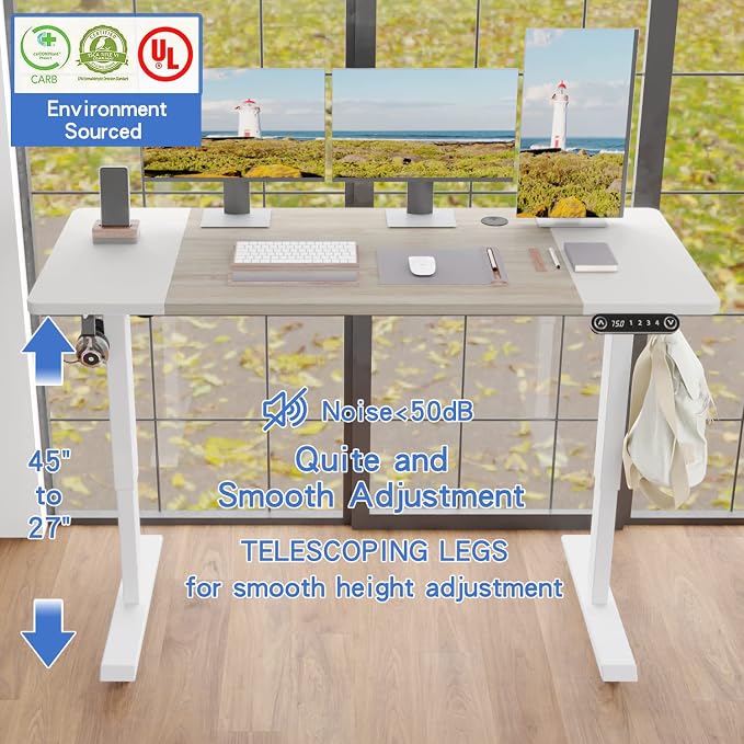 Height Adjustable Electric Standing Desk, 63x30 Height Stand Up Computer Desk,Sit and Stand Home Office Desk with Splice Board (White+Oak Top, White Frame)
