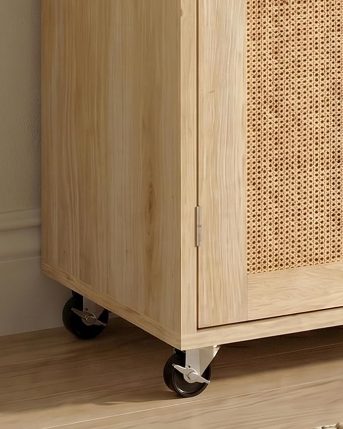 Lateral File Cabinets for Home Office, 2 Drawer and Doors Filing Cabinet with Lock, Wide Rattan Filing Organization Storage Cabinets with Printer Stand for Hanging Files/A4/F4 Size, Natural Wood