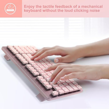 LeadsaiL Wireless Keyboard and Mouse Combo, 2.4Ghz Cordless Mechanical Keyboard and Silent Mouse for Business, Low-Profile Red Switch, 98-Key Compact Slim Keyboard for Windows/MacOS PC Laptop - Pink
