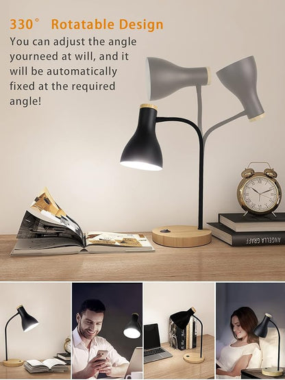 LALISU Metal Desk Lamp Table Lamp Reading Lights Arc Desk Lamps for Bedroom, Wood Base Bedside Lamp with Flexible Gooseneck for Study Room and Office (Wood Base+Black)