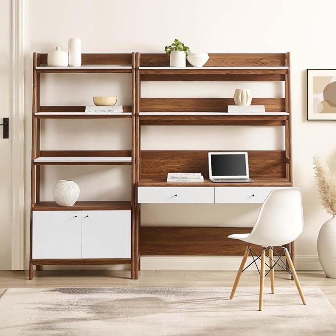 Modway 2-Piece Home Office Desk and Bookshelf Display Case in Walnut White