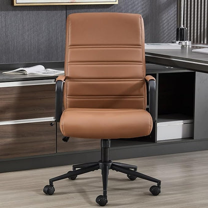 Office Desk Chair Leather, Conference Room Chairs with Wheels, Modern Executive Office Chairs Adjustable Height, Ergonomic Swivel Rolling Ribbed Computer Chair (Brown&Black)