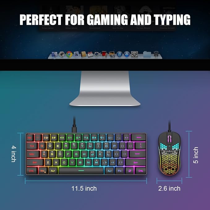 RedThunder 60% Gaming Keyboard and Mouse Combo, Ultra-Compact 61 Keys RGB Backlit Mini Keyboard, Lightweight 7200 DPI Honeycomb Optical, Wired Gaming Set for PC MAC PS5 Xbox Gamer(Black)