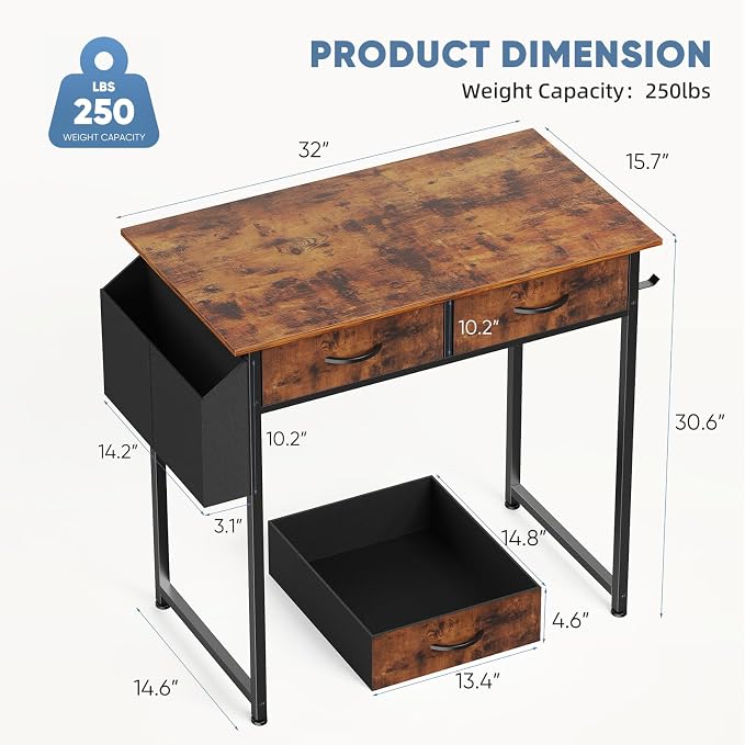 32" Small Gaming Desk with Drawers, Home Office Computer Writing Study Table with Storage Side Bag, Headphone Hook, and Adjustable Feet for Bedroom, Rustic Brown