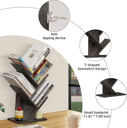 SHEEPAM 5 Tier Tree Book Shelf, Small Desktop Bookshelf with Storage Organizer, Wood Bookcase, Desk Display Bookshelves, Floor Standing Organizer Bookcases for Living Room,Bedroom,Office-Dark Grey