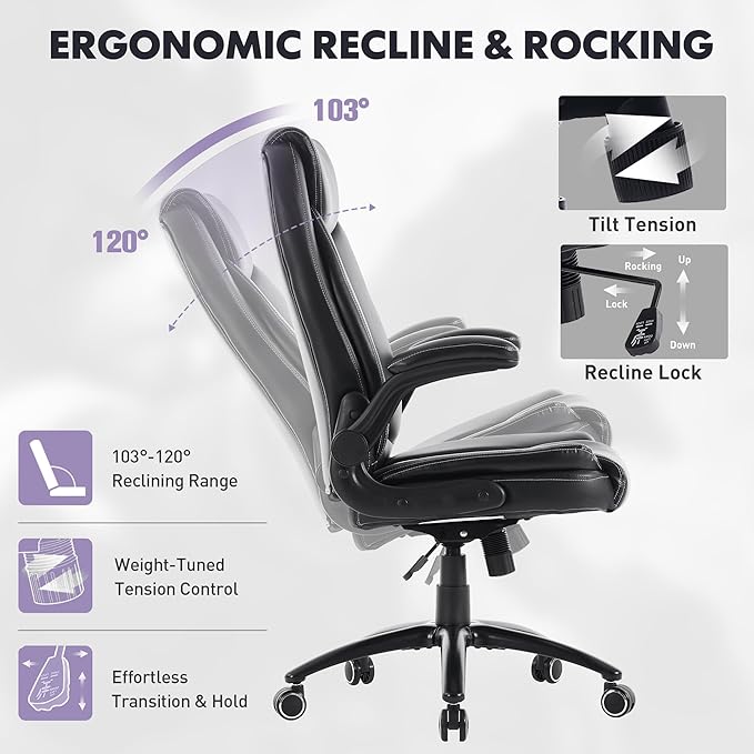 400lbs Capacity Executive Desk Chair Set of 2 with Ergonomic Lumbar Support, Flip-up Arms & High Back Leather Computer Chair for Home/Office, Black