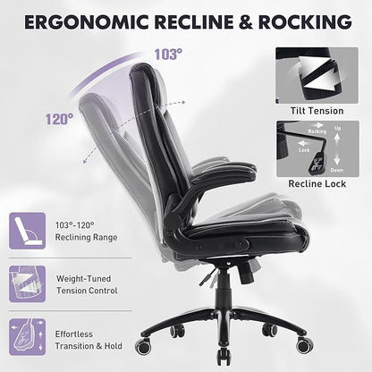 400lbs Capacity Executive Desk Chair Set of 2 with Ergonomic Lumbar Support, Flip-up Arms & High Back Leather Computer Chair for Home/Office, Black