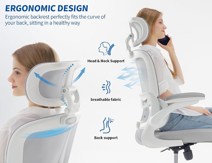 TRALT Ergonomic Office Chair - Desk Chair with Adjustable Headrest Lumbar Support Computer Chair - Mesh Comfy Chair with Flip-up Armrests - Gaming Chairs for Adults Home Office (Leather, Grey)