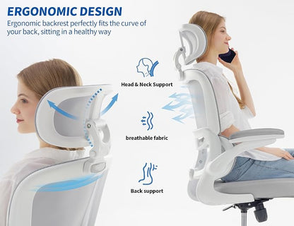 TRALT Ergonomic Office Chair - Desk Chair with Adjustable Headrest Lumbar Support Computer Chair - Mesh Comfy Chair with Flip-up Armrests - Gaming Chairs for Adults Home Office (Leather, Grey)