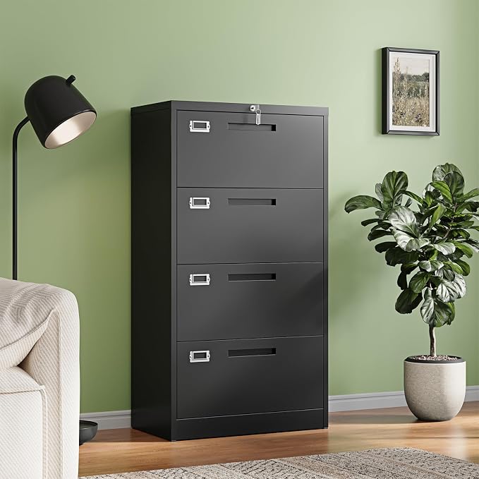 Letaya 4 Drawer File Cabinets with Lock,Metal Lateral Filing Storage Cabinet Printer Stand,Black Steel Home Office Cabinet for Hanging Files Letter/Legal/A4 Size (Black, H51.73×W28.35×D15.74)