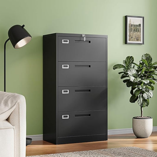 Letaya 4 Drawer File Cabinets with Lock,Metal Lateral Filing Storage Cabinet Printer Stand,Black Steel Home Office Cabinet for Hanging Files Letter/Legal/A4 Size (Black, H51.73×W28.35×D15.74)