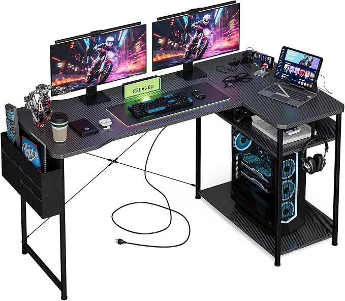Acrolix L Shaped Gaming Desk 55 Inch - Computer Corner Desk with Power Outlets, Reversible Shelves & Storage Bag for Home Office, PC Gaming Table, Black Carbon