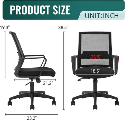 FDW Office Chair Ergonomic Desk Chair Mid-Back Mesh Computer Chair Lumbar Support Comfortable Executive Adjustable Rolling Swivel Task Chair with Armrests,Black