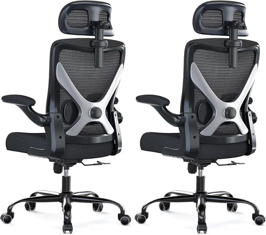 Ergonomic Office Chair - X-Shaped Computer Desk Chair Comfy, Gaming Chair, Office Chair with Lumbar Support, Mesh Office Chairs with Headrests, Desk Chair for Long Hours, Black Silver, Pack of 2