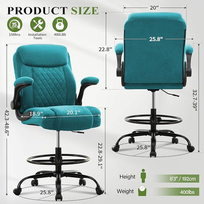 Drafting Chair Tall Office Chair for Standing Desk, Ergonomic Tall Desk Chair with Adjustable Foot Ring, Flip-Up Armrests, Lumbar Support, Comfortable Fabric Seat – Ideal for Home and Office Use