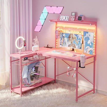 Bestier 42 L Gaming Desk,Computer Desk with Power Outlets, LED Lights, Reversible Corner Desk with 4-Tier Shelves,Cup Holder & Hook Carbon Fiber Pink