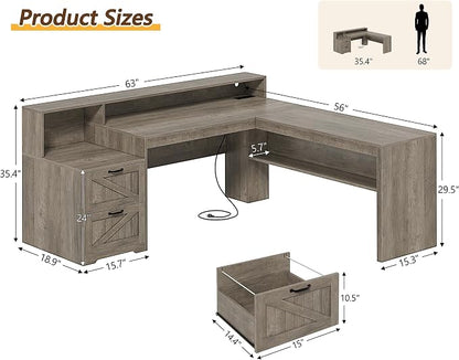 YOMILUVE Farmhouse 63" L Shaped Desk with Drawers, Home Office Desks with Storage Shelves and Printer Stand, Corner Computer Desk with Power Outlets and Monitor Stand,Grey