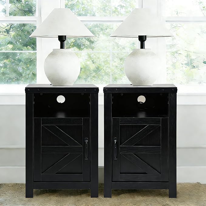 3 Piece Living Room Tables Set of 3, Farmhouse Entryway Table with Storage and End Tables with Charging Station, Sliding Door Console Table Set, Rustic Sofa Set for Hallway, Black