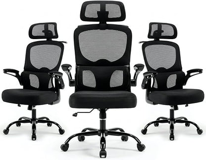 Ergonomic Mesh Office Chair,330LB Capacity High Back Desk Chair with Adjustable Lumbar Support, Adjustable Headrest & Flip-Up Arms,Breathable Computer Chair for Home Office,Work & Study,3pcs