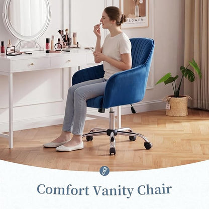 Warmiehomy Office Chair, Velvet Desk Chair for Women, Comfy Vanity Chair with Wheels, Home Computer Chair with Arm Rest for Bedroom, Royal Blue