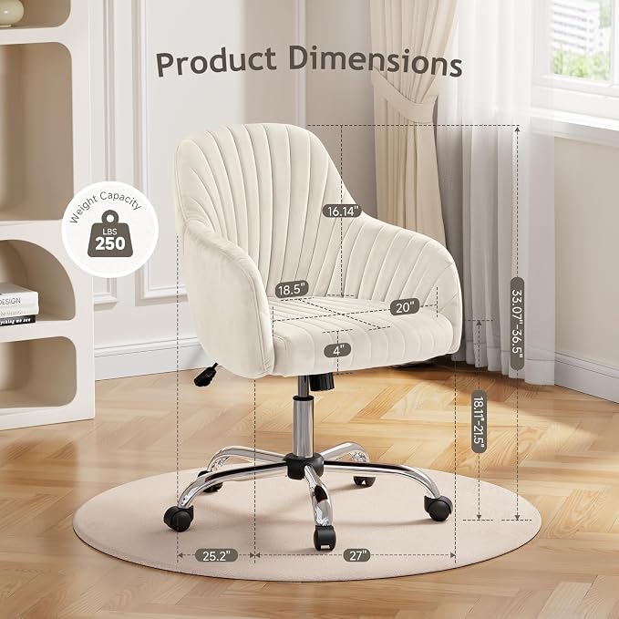 Warmiehomy Velvet Desk Chair for Home Office, Modern Adjustable Swivel Task Chair, Women Vanity Chairs with Arm Rest for Bedroom Dressing Room, Cozy Beige