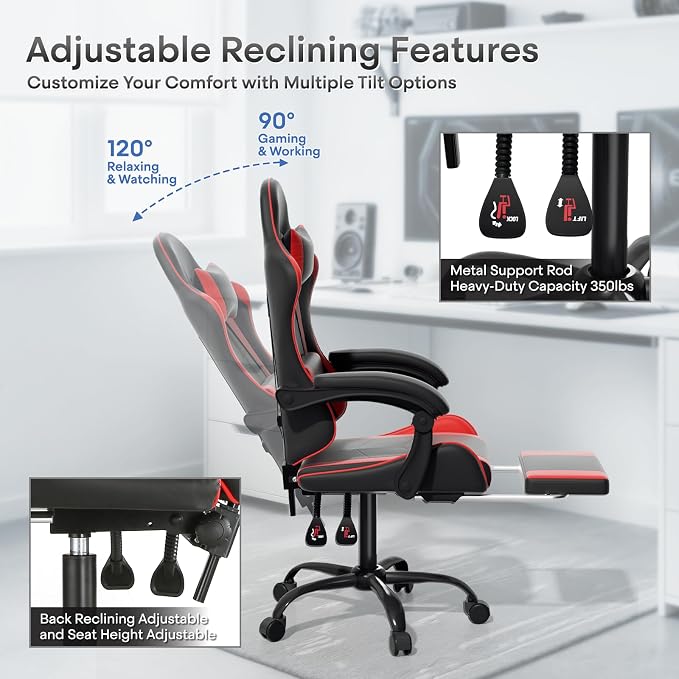Athena Collection Ergonomic Gaming Chair with Footrest & Headrest Lumbar Support, Height Adjustable Swivel Office Chair Reclining Game Chair Leather High Back Computer Chair for Adults, Red