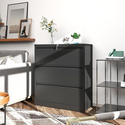 File Cabinets 3 Drawer,Metal Office Storage Filing Cabinet with Lock,Black Lateral Filing Cabinet for Home Office,Horizontal Locking File Cabinets for Legal/Letter/A4 Files,Assembly Required